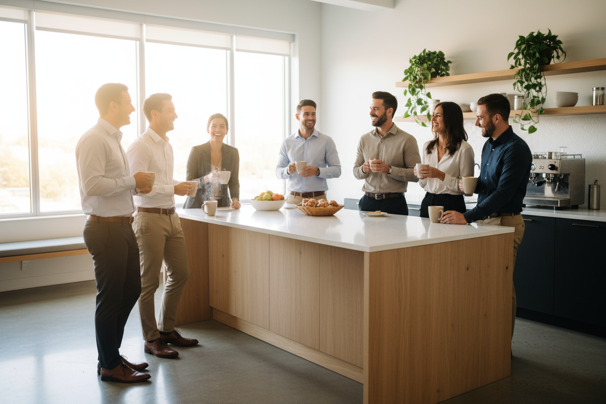 create hyper realistic photo of people drinking coffee in the office kitchen having coffee break, people are smiling and enjoying the moment 
